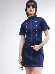 Women Navy Denim Front Zipper Top With Mini Skirt