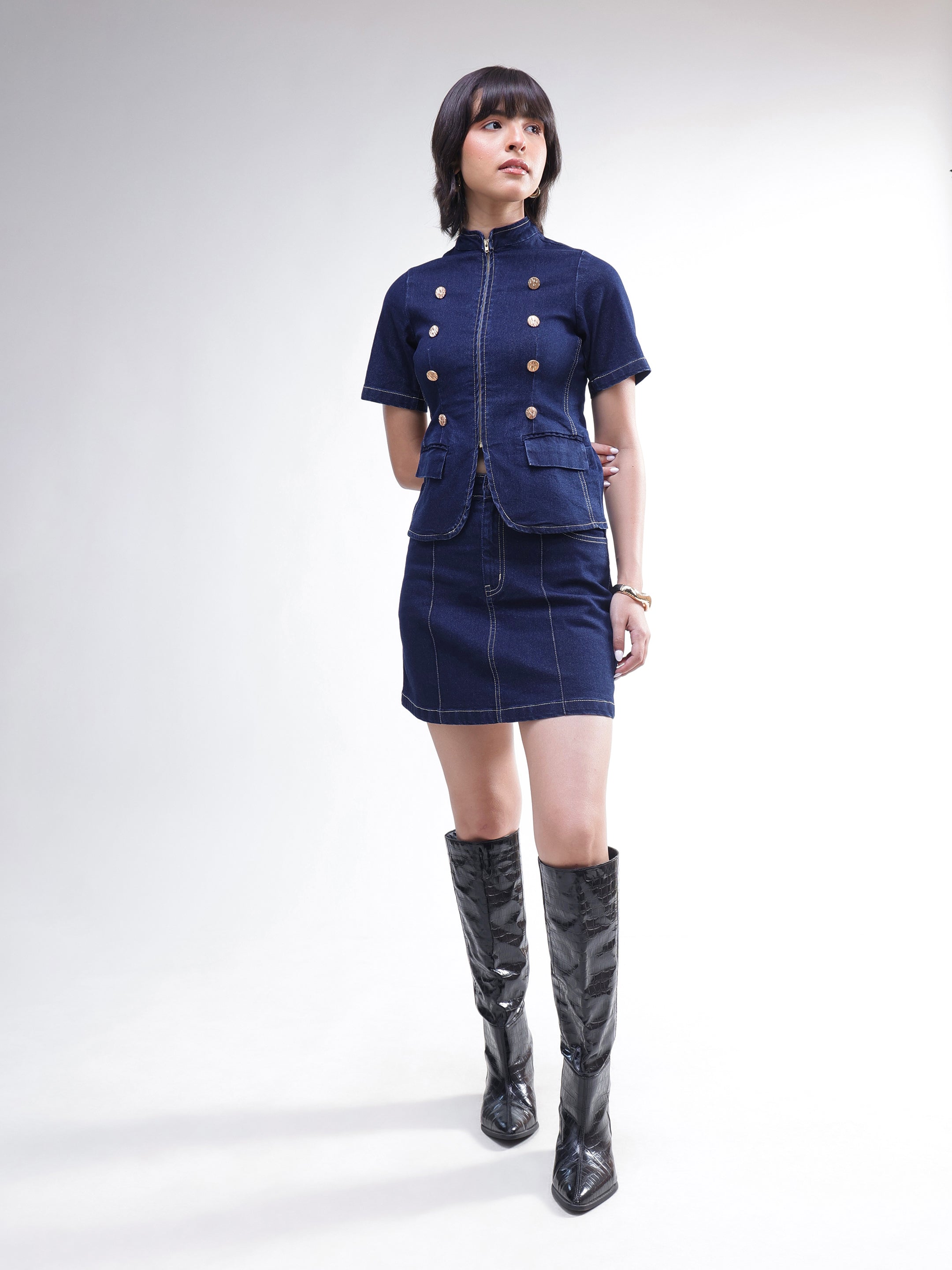 DesiQlo Navy Denim Front Zipper Top With Mini Skirt - Navy Blue