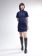 Women Navy Denim Front Zipper Top With Mini Skirt