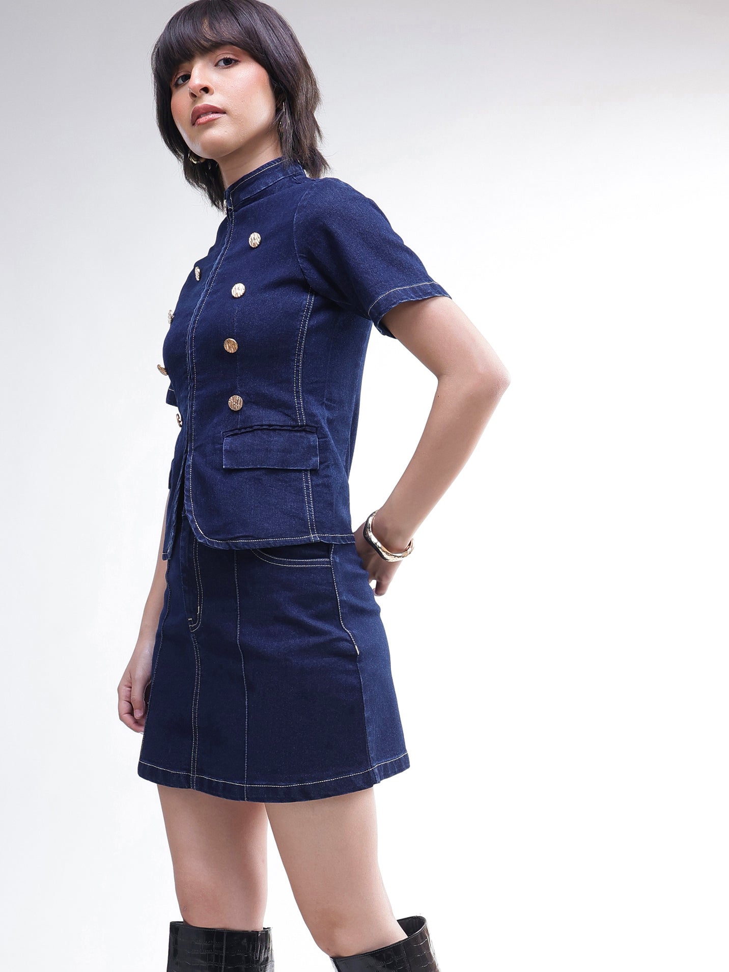 DesiQlo Navy Denim Front Zipper Top With Mini Skirt - Navy Blue
