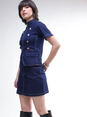 Women Navy Denim Front Zipper Top With Mini Skirt