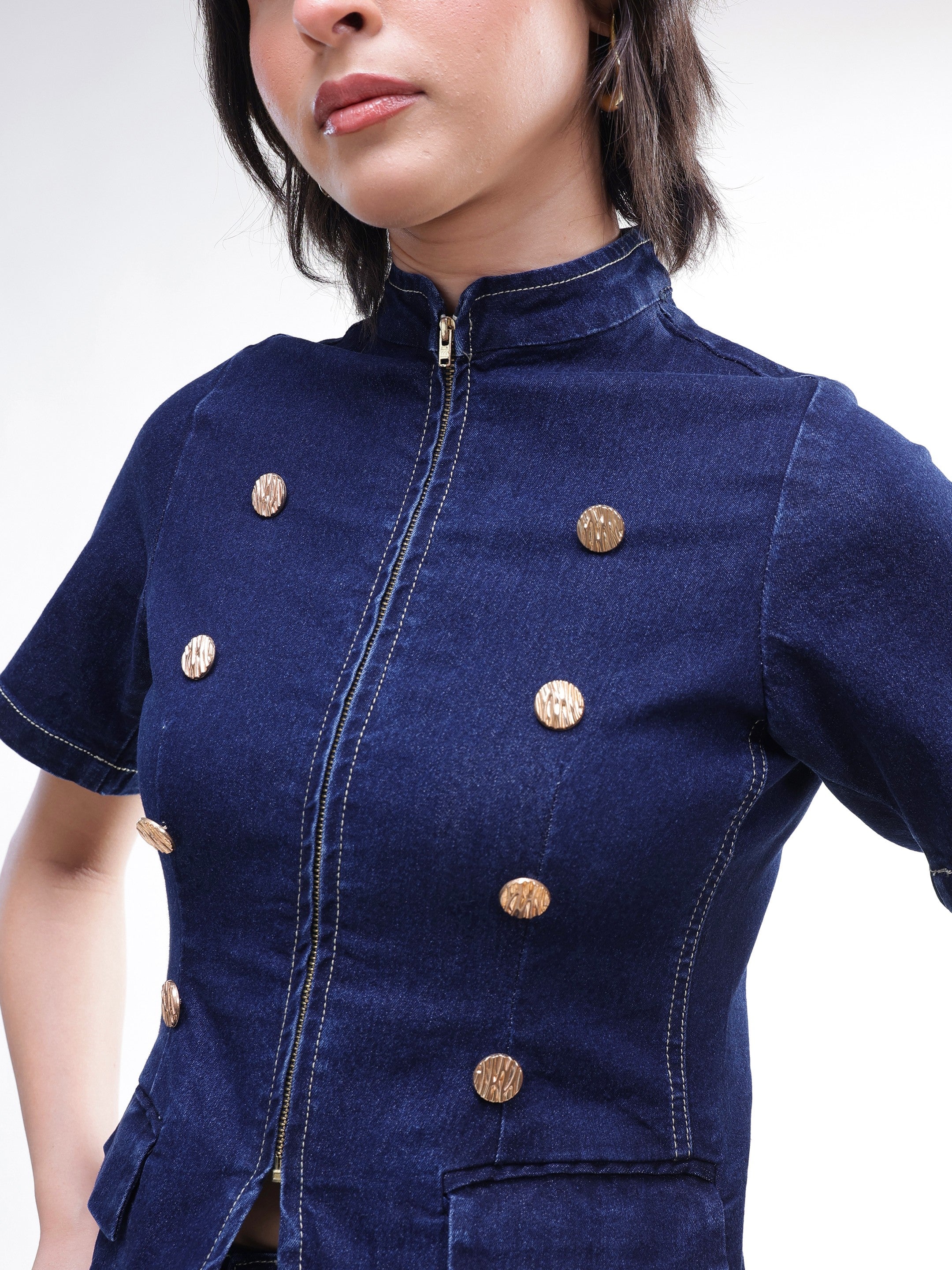 DesiQlo Navy Denim Front Zipper Top With Mini Skirt - Navy Blue