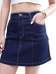 Women Navy Denim Front Zipper Top With Mini Skirt