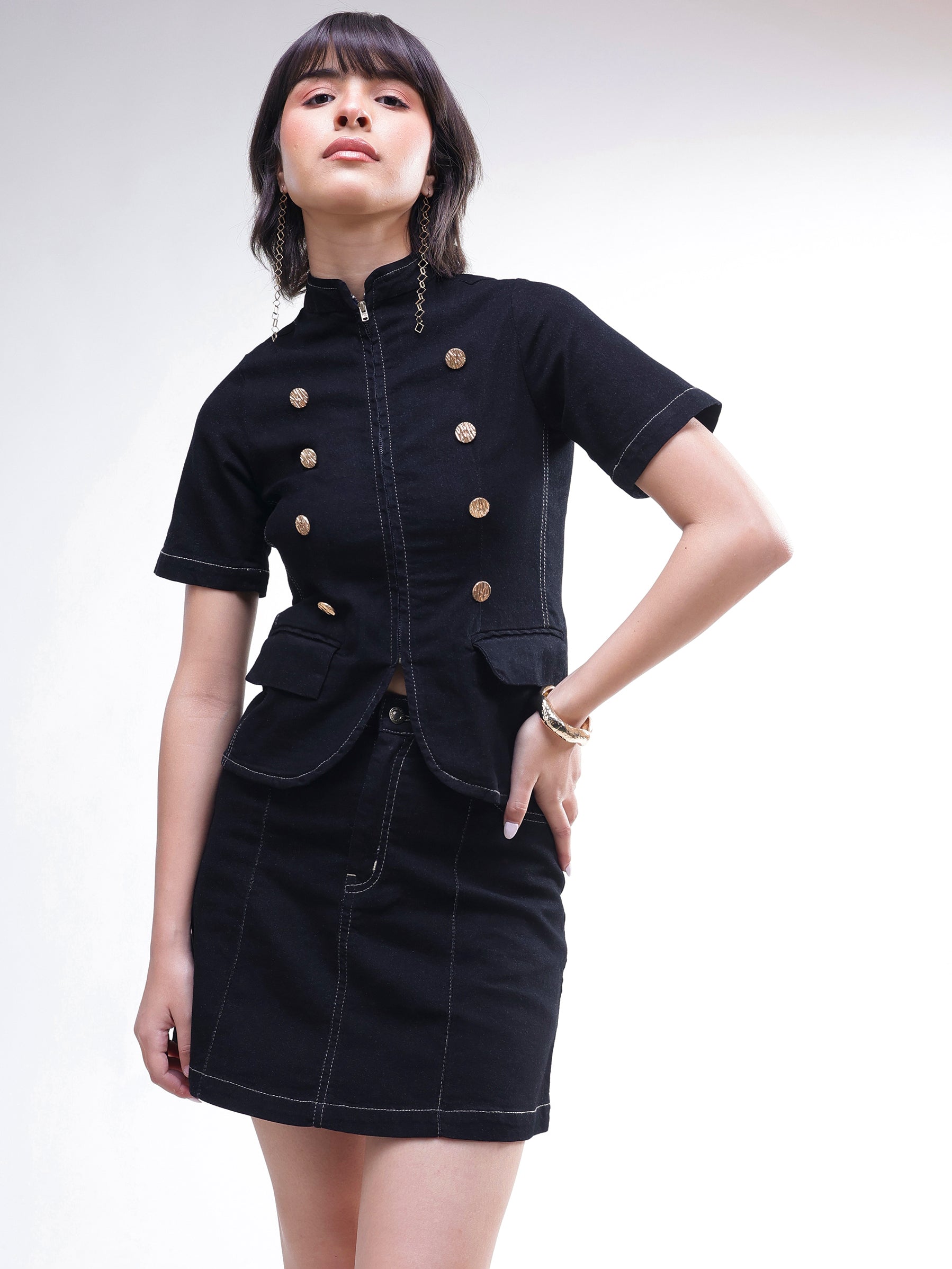 DesiQlo Black Denim Front Zipper Top With Mini Skirt - Black