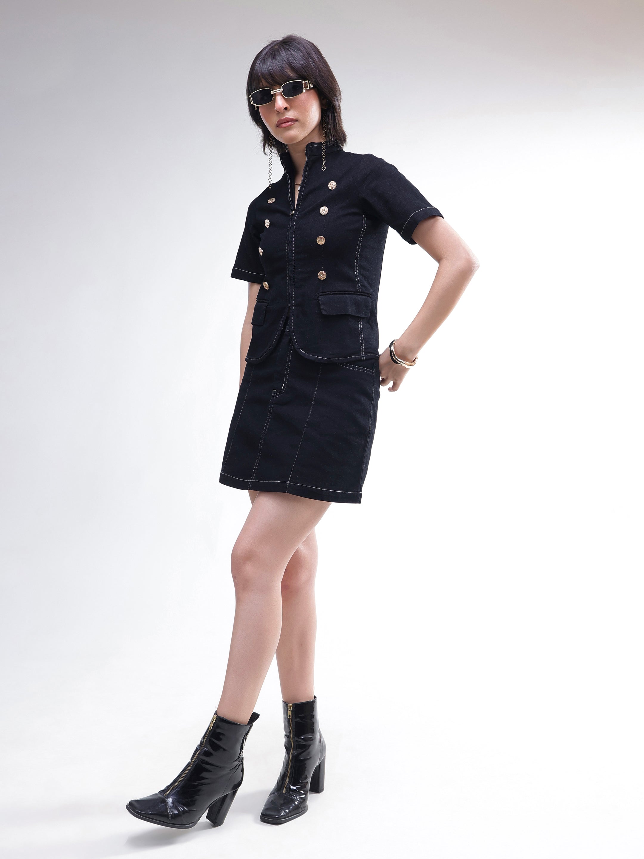 DesiQlo Black Denim Front Zipper Top With Mini Skirt - Black