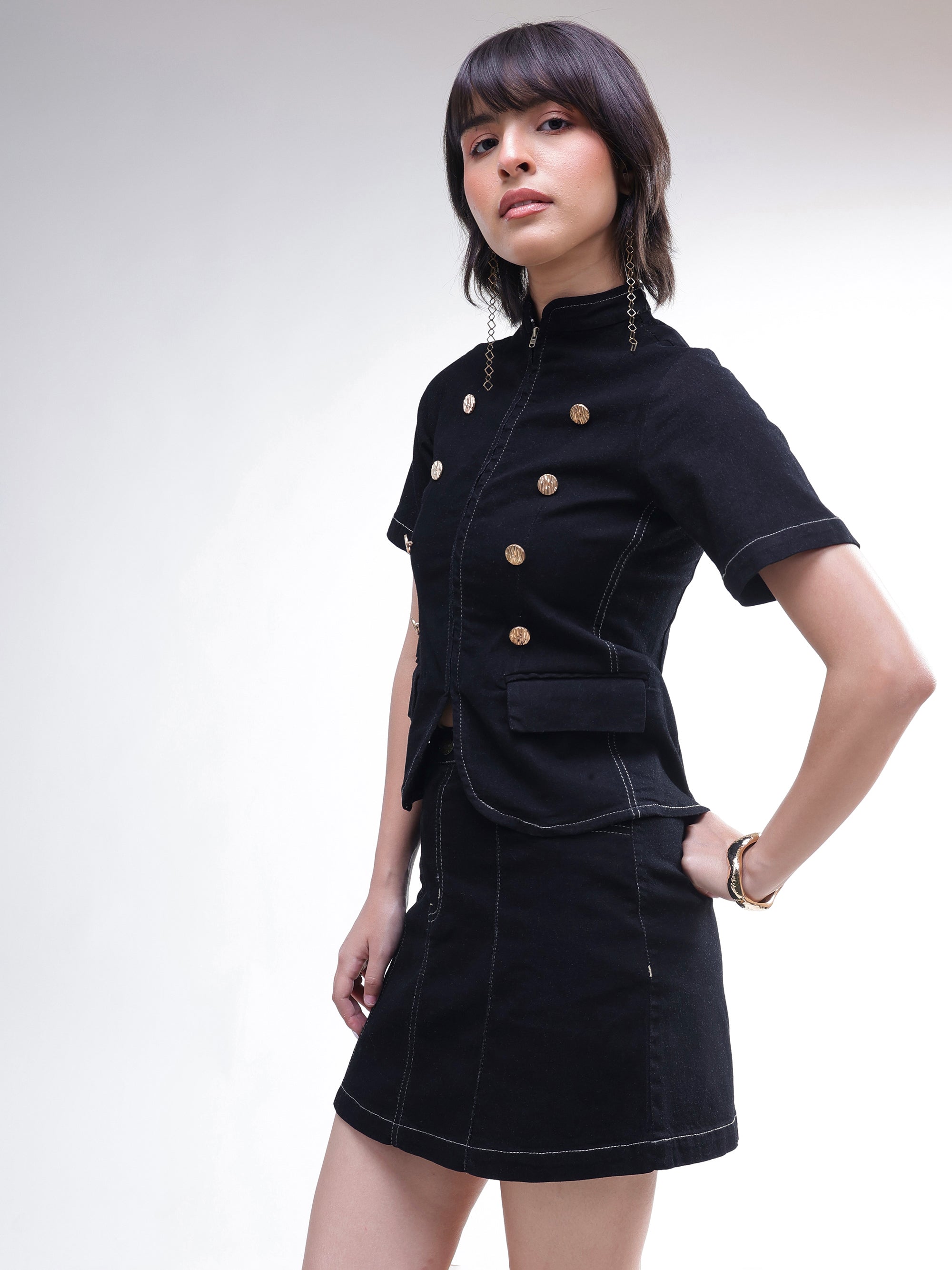 DesiQlo Black Denim Front Zipper Top With Mini Skirt - Black