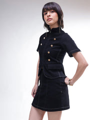 Women Black Denim Front Zipper Top With Mini Skirt