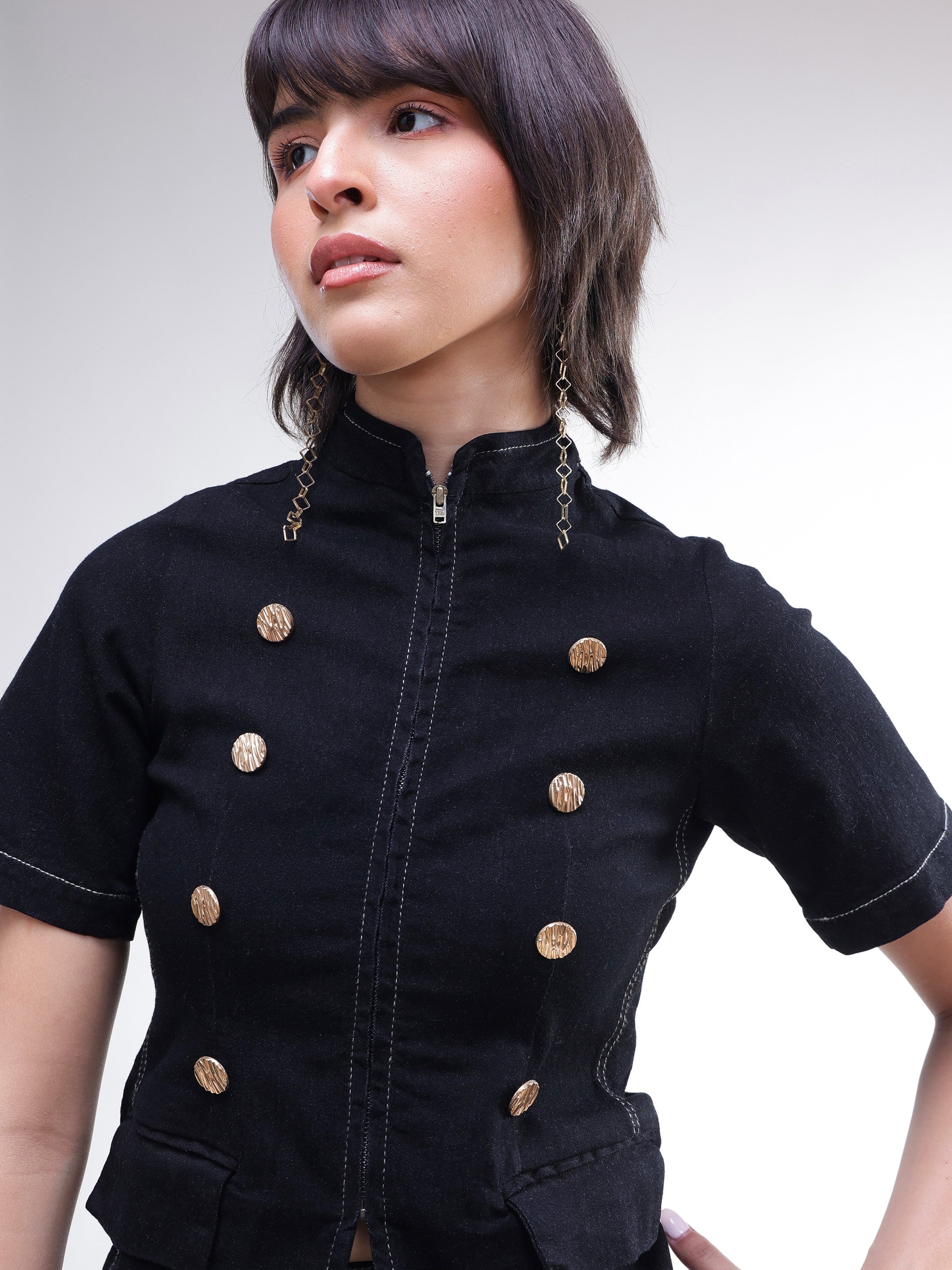 DesiQlo Black Denim Front Zipper Top With Mini Skirt - Black