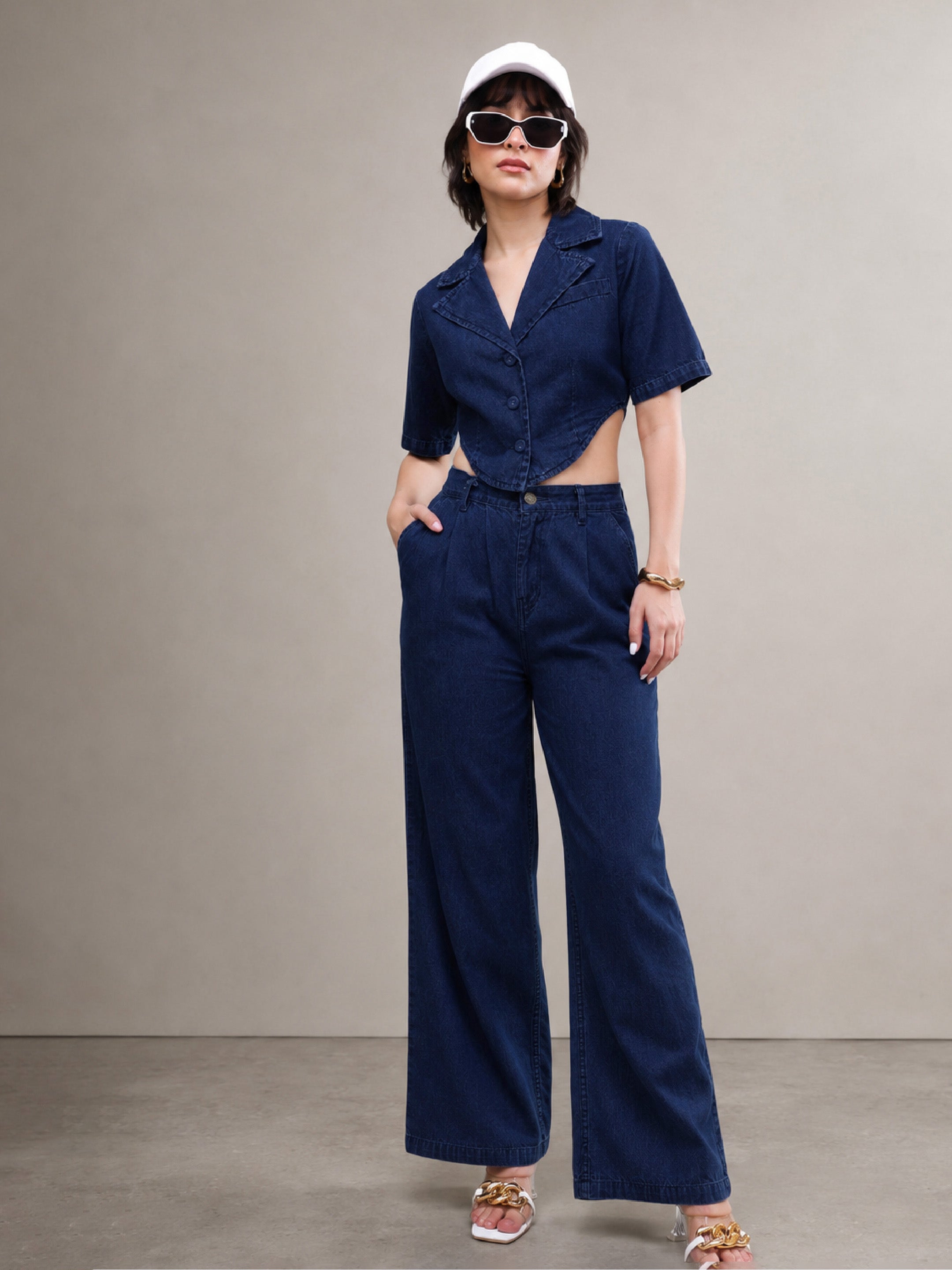 DesiQlo Navy Back Cut-Out Crop Top With Straight Jeans - Navy Blu
