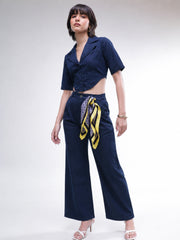 Women Navy Back Cut-Out Crop Top With Straight Jeans