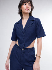 Women Navy Back Cut-Out Crop Top With Straight Jeans