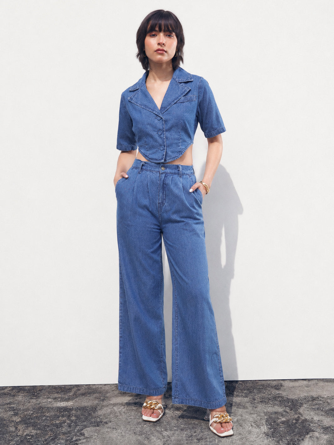 DesiQlo Blue Back Cut-Out Crop Top With Straight Jeans - Blue