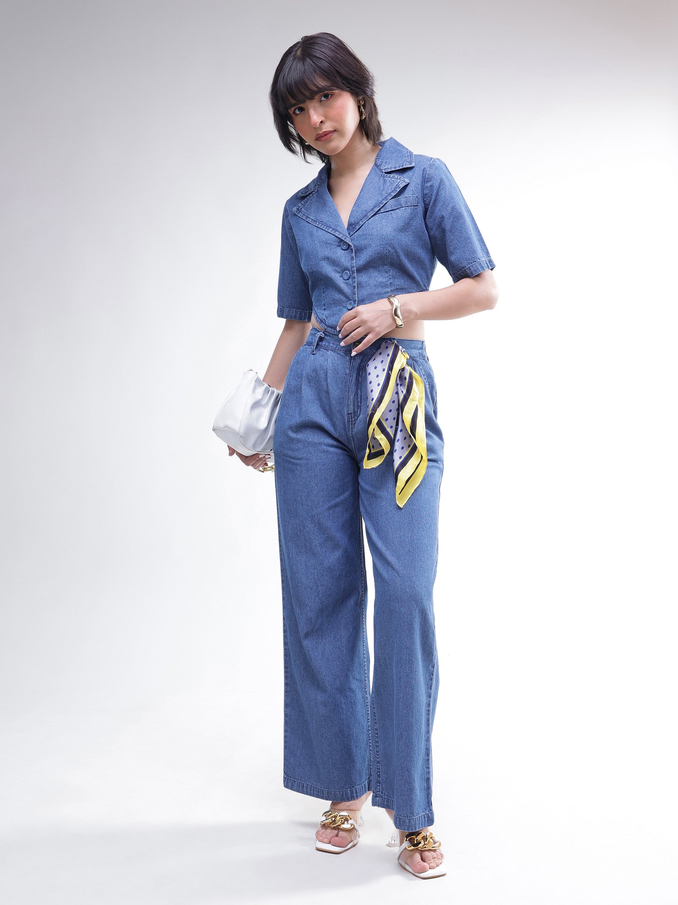 DesiQlo Blue Back Cut-Out Crop Top With Straight Jeans - Blue
