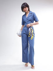 Women Blue Back Cut-Out Crop Top With Straight Jeans