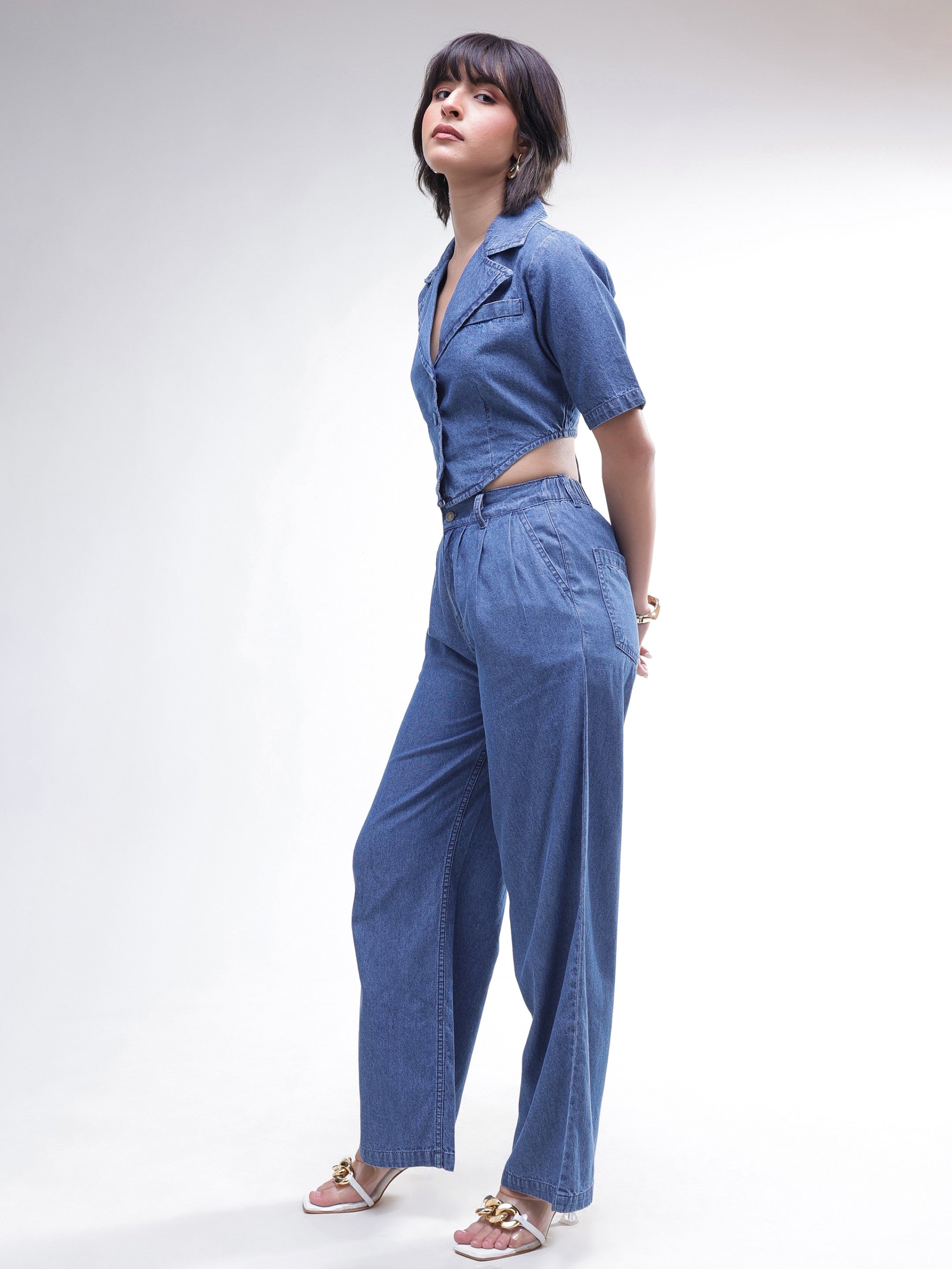 DesiQlo Blue Back Cut-Out Crop Top With Straight Jeans - Blue