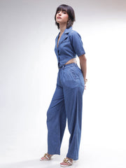 Women Blue Back Cut-Out Crop Top With Straight Jeans