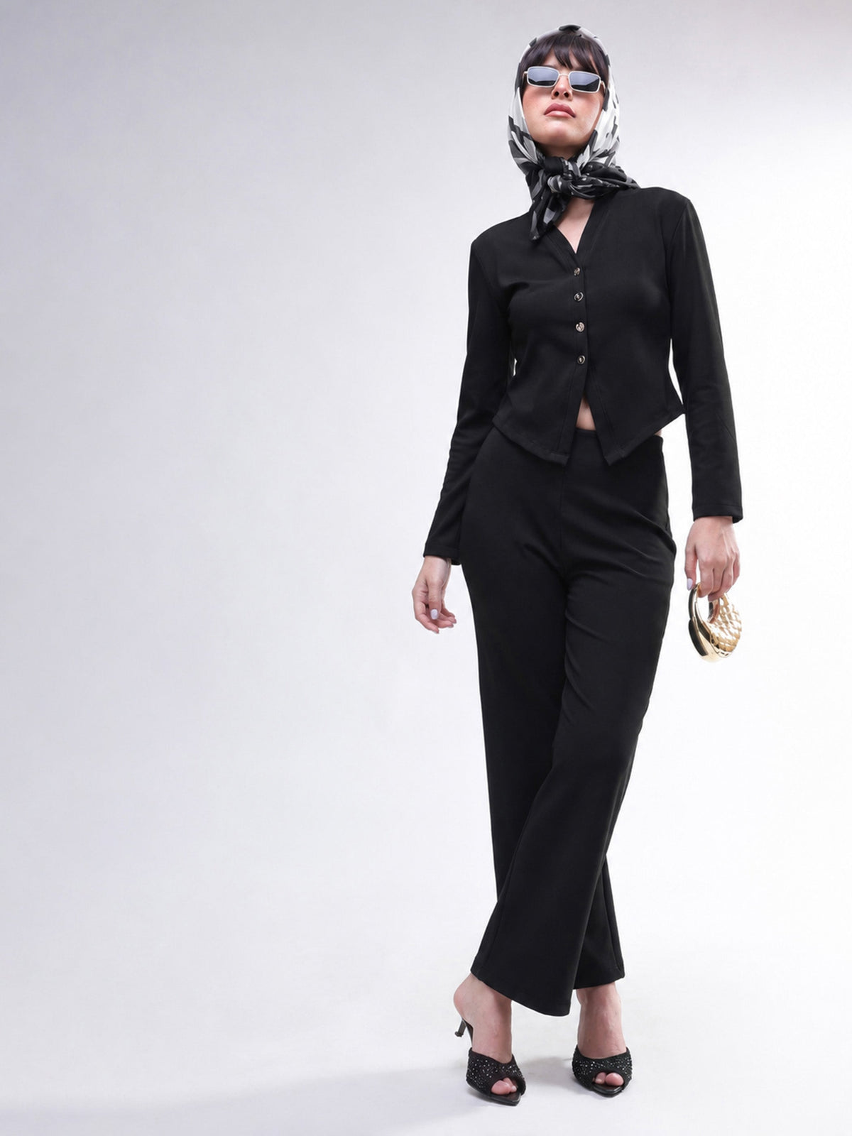 Women Black Button Down Full Sleeve Top with Track Pants