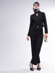 Women Black Button Down Full Sleeve Top with Track Pants