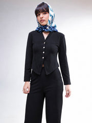 Women Black Button Down Full Sleeve Top with Track Pants