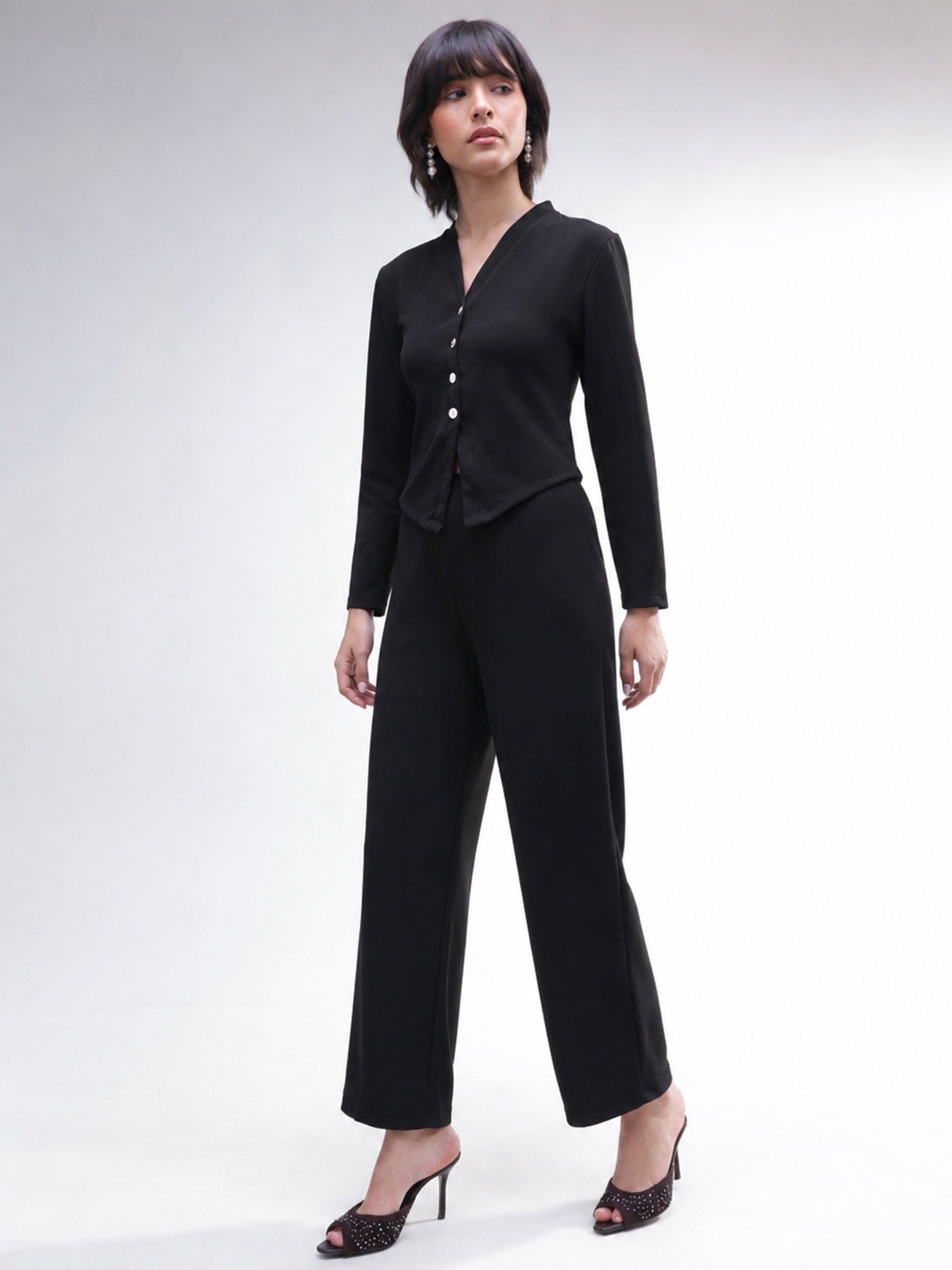 DesiQlo Black Button Down Full Sleeve Top with Track Pants - Blac
