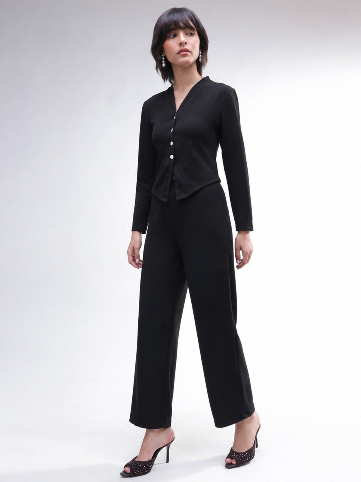 Women Black Button Down Full Sleeve Top with Track Pants
