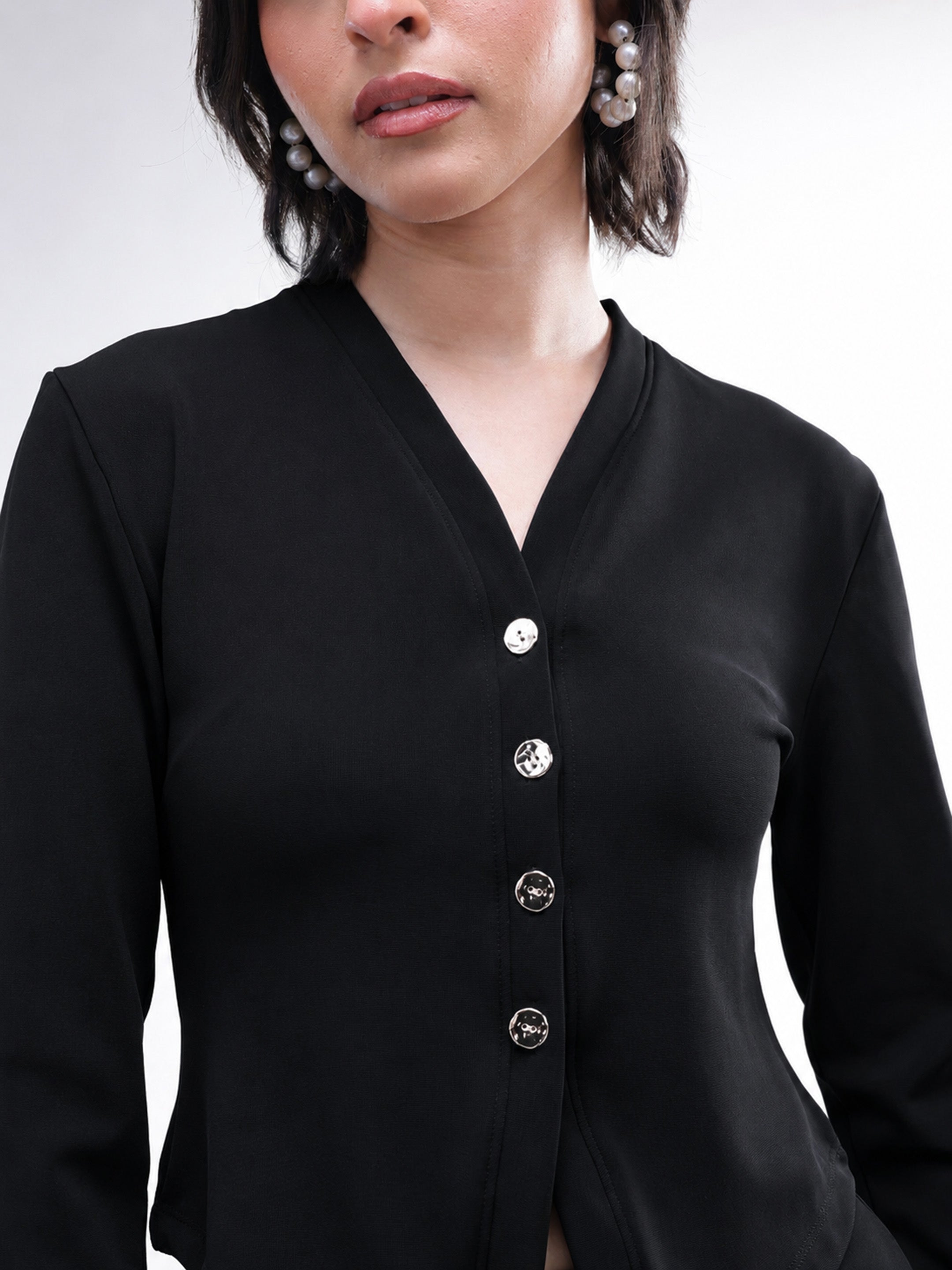 DesiQlo Black Button Down Full Sleeve Top with Track Pants - Blac