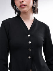 Women Black Button Down Full Sleeve Top with Track Pants
