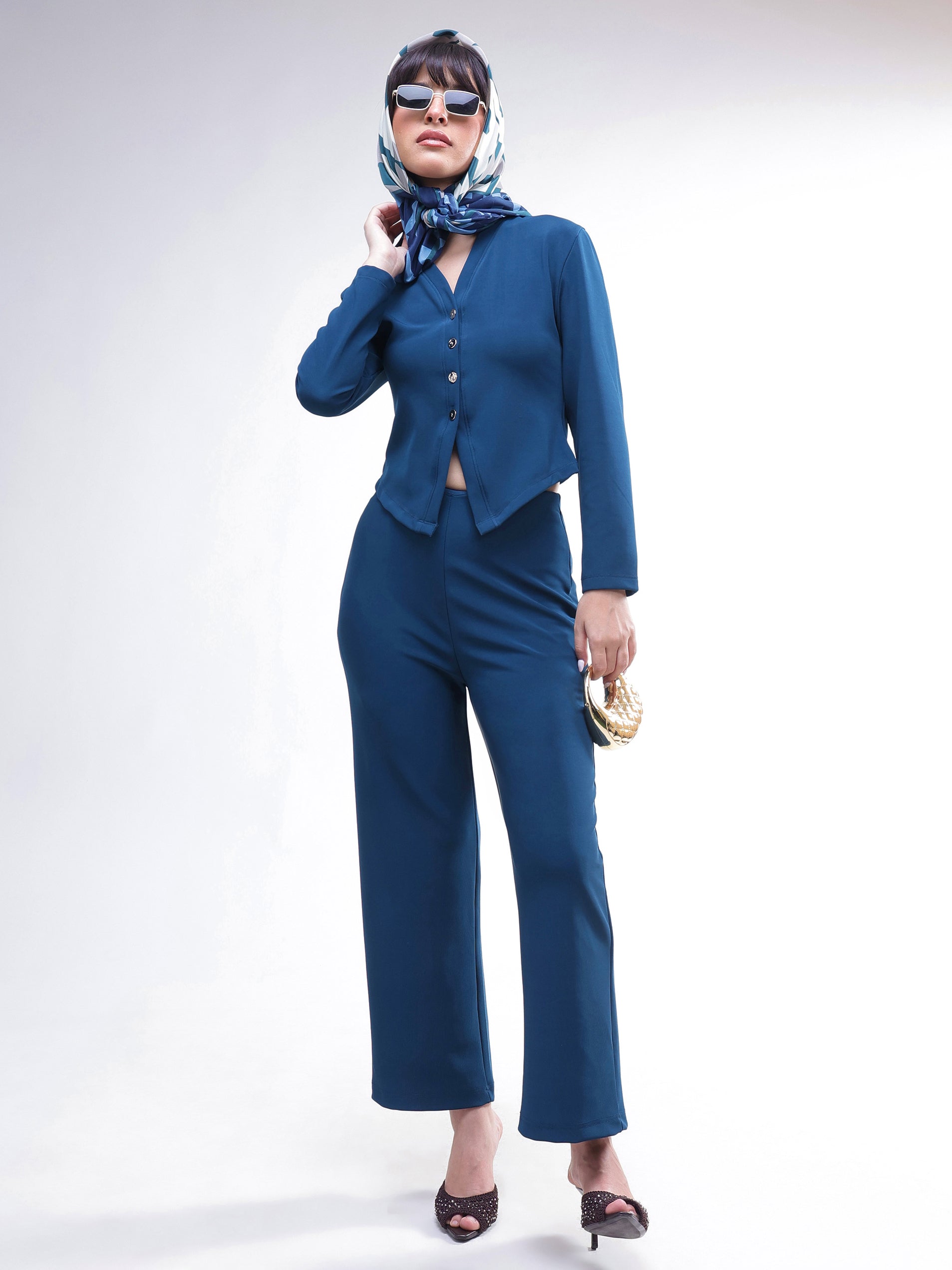 DesiQlo Navy Button Down Full Sleeve Top With Track Pants - Navy 