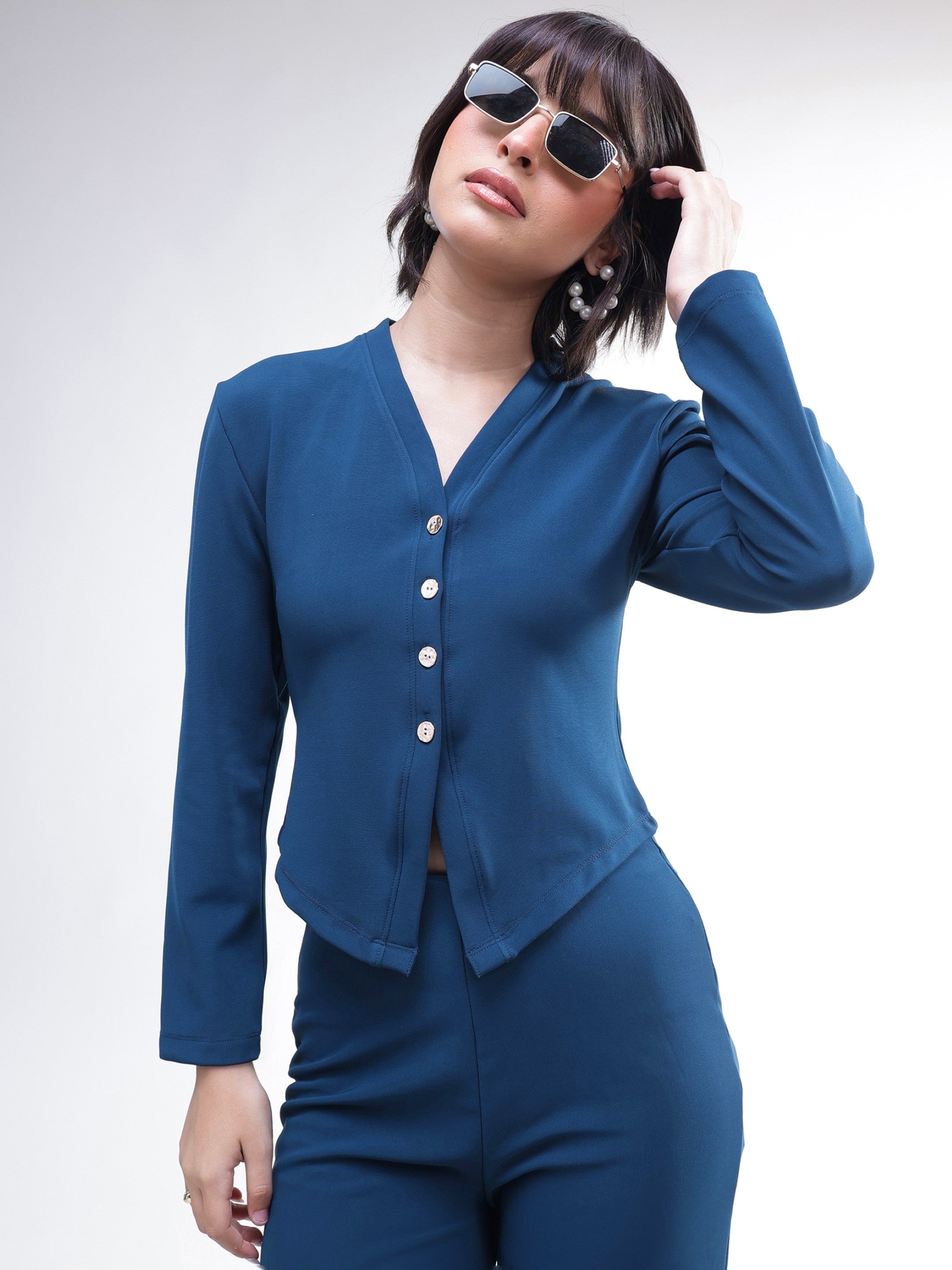 DesiQlo Navy Button Down Full Sleeve Top With Track Pants - Navy 