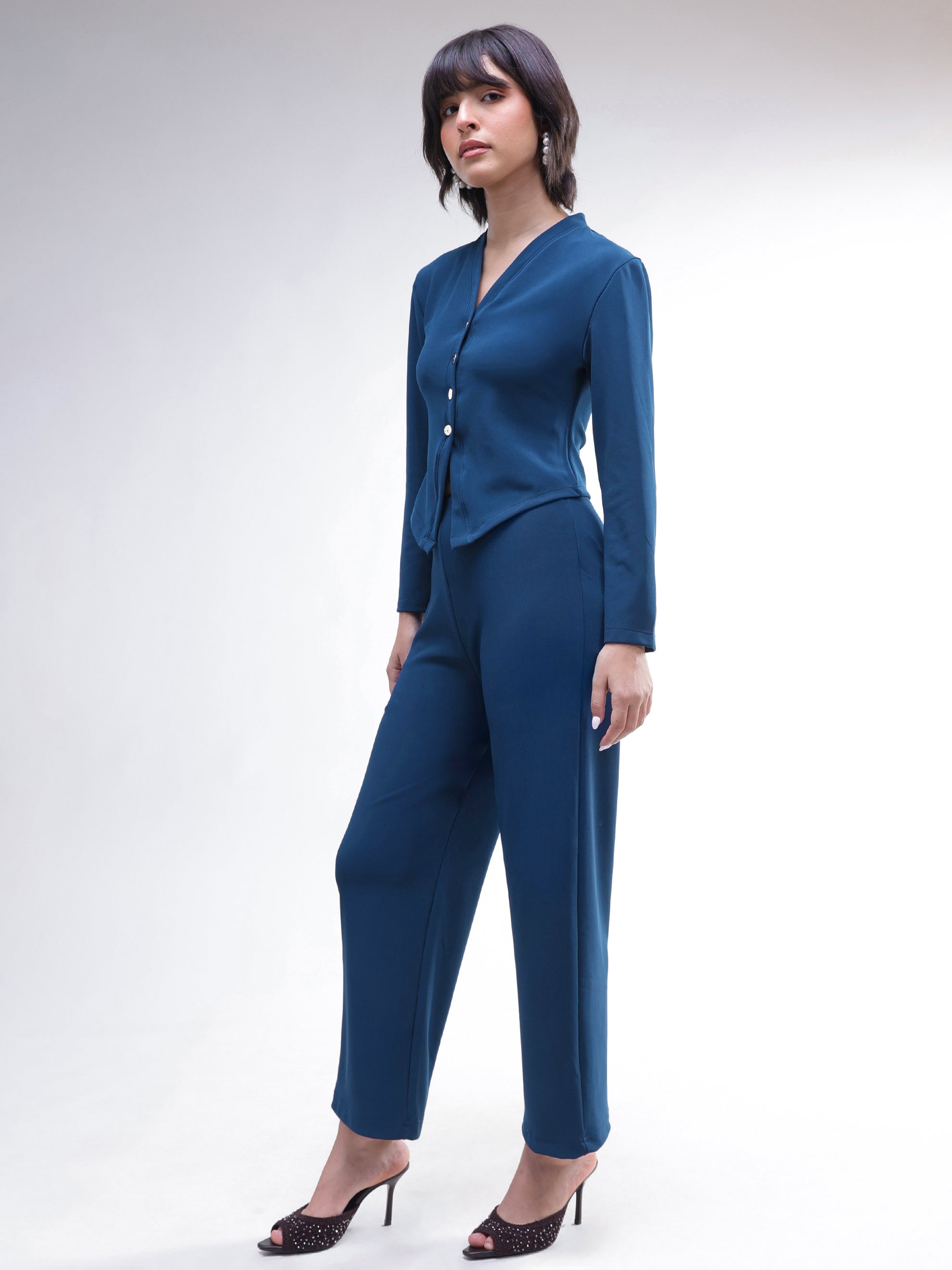 DesiQlo Navy Button Down Full Sleeve Top With Track Pants - Navy 