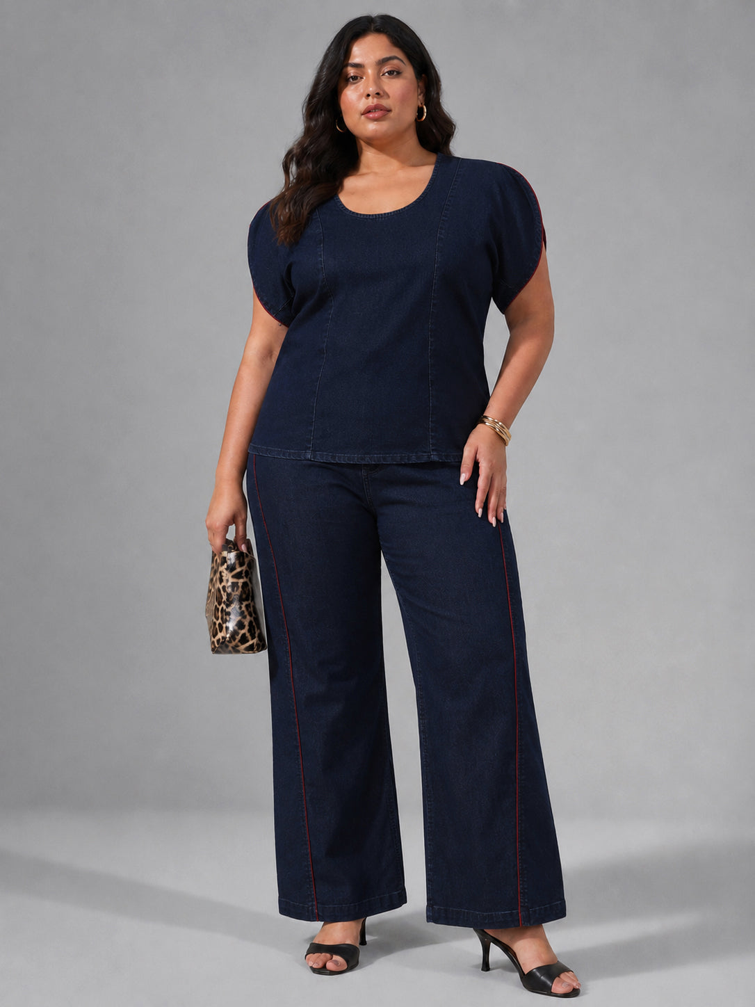 DesiQlo Navy Wash Denim Top With Flared Jeans - Navy Blue
