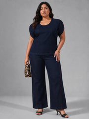 Women Navy Wash Denim Top With Flared Jeans