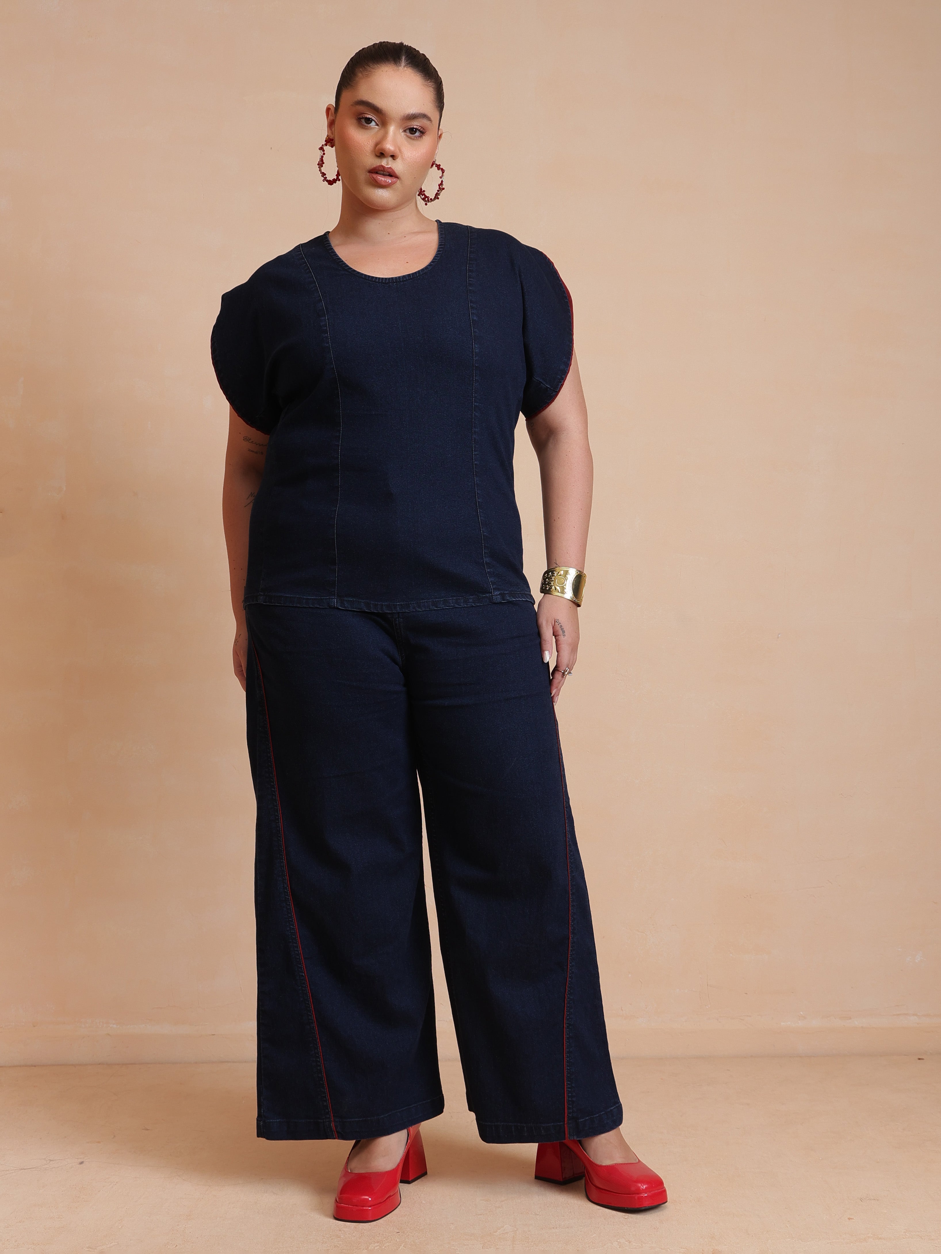 DesiQlo Navy Wash Denim Top With Flared Jeans - Navy Blue