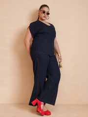 Women Navy Wash Denim Top With Flared Jeans