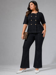 Women Black Front Button Top With Bell Bottom Jeans