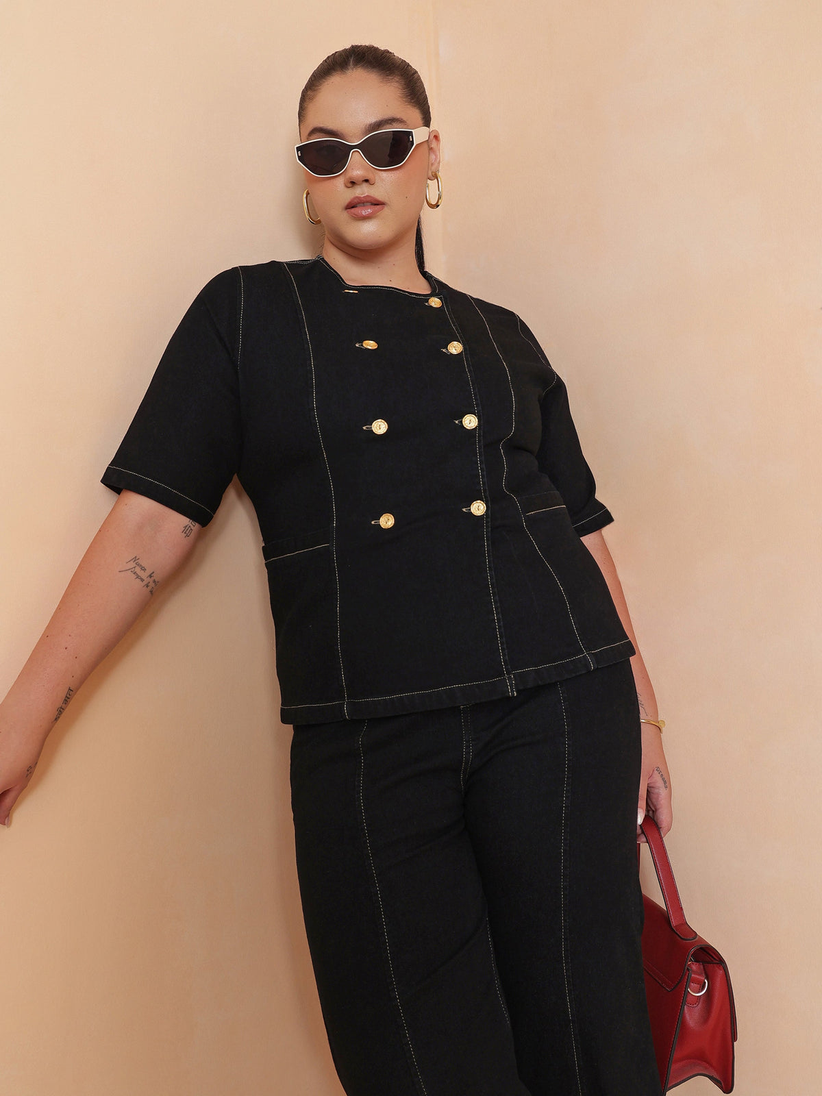 Women Black Front Button Top With Bell Bottom Jeans