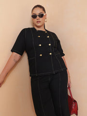 Women Black Front Button Top With Bell Bottom Jeans