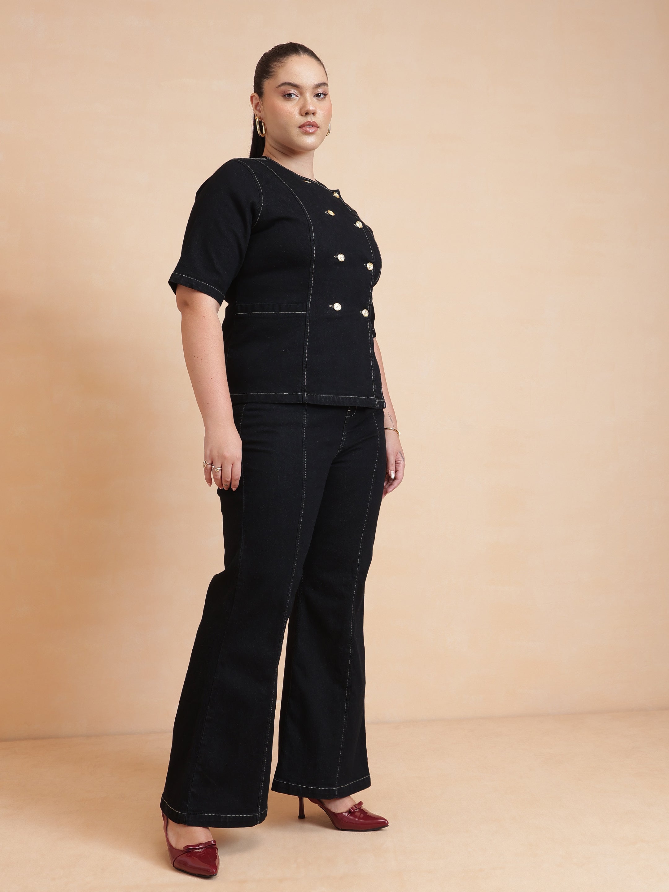 DesiQlo Black Front Button Top With Bell Bottom Jeans - Black