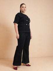 Women Black Front Button Top With Bell Bottom Jeans