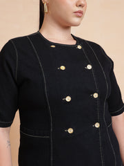 Women Black Front Button Top With Bell Bottom Jeans
