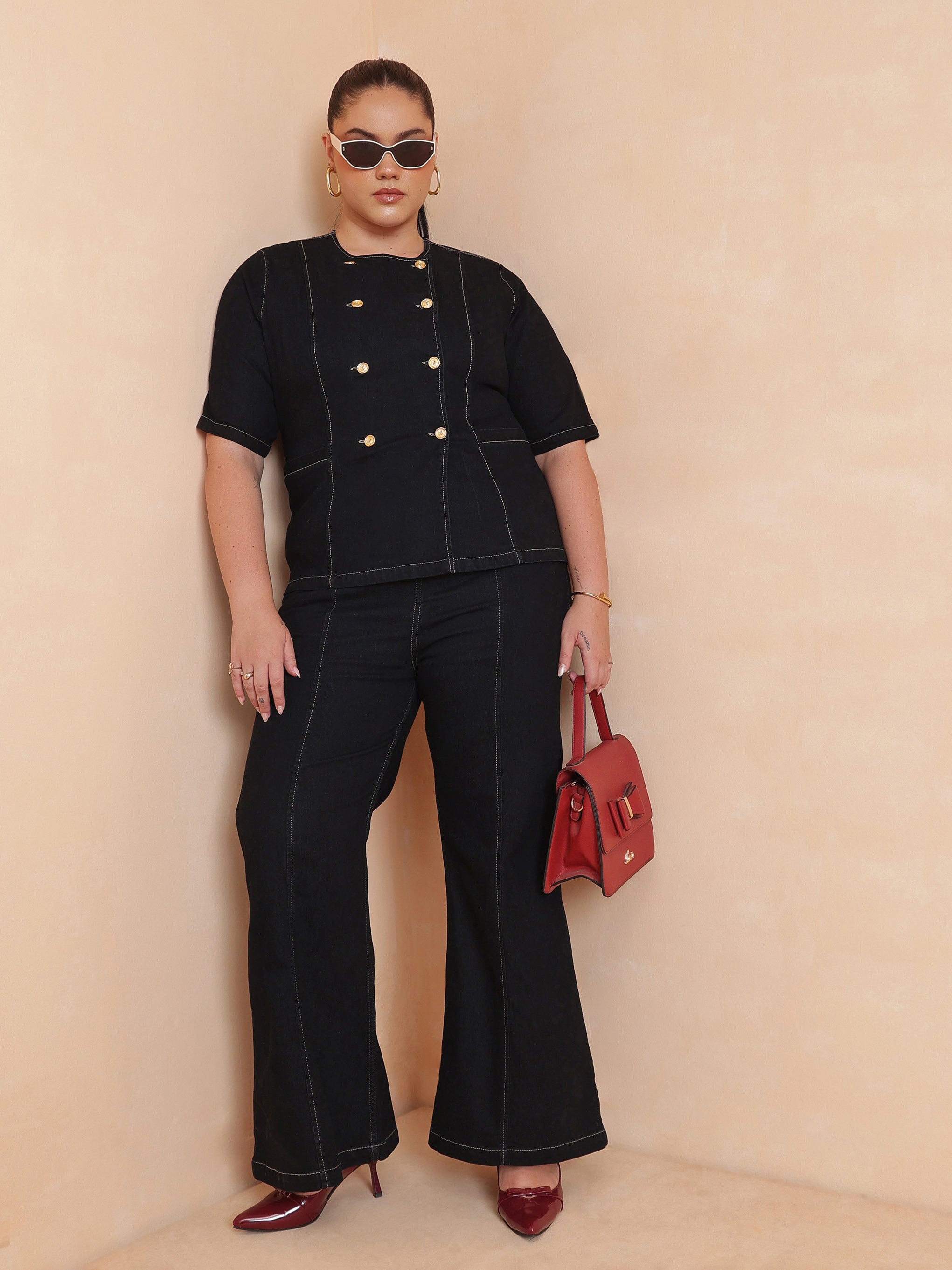 DesiQlo Black Front Button Top With Bell Bottom Jeans - Black