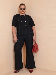 Women Black Front Button Top With Bell Bottom Jeans