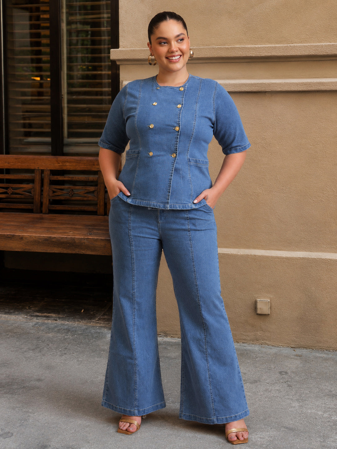 DesiQlo Blue Front Button Top With Bell Bottom Jeans - Blue
