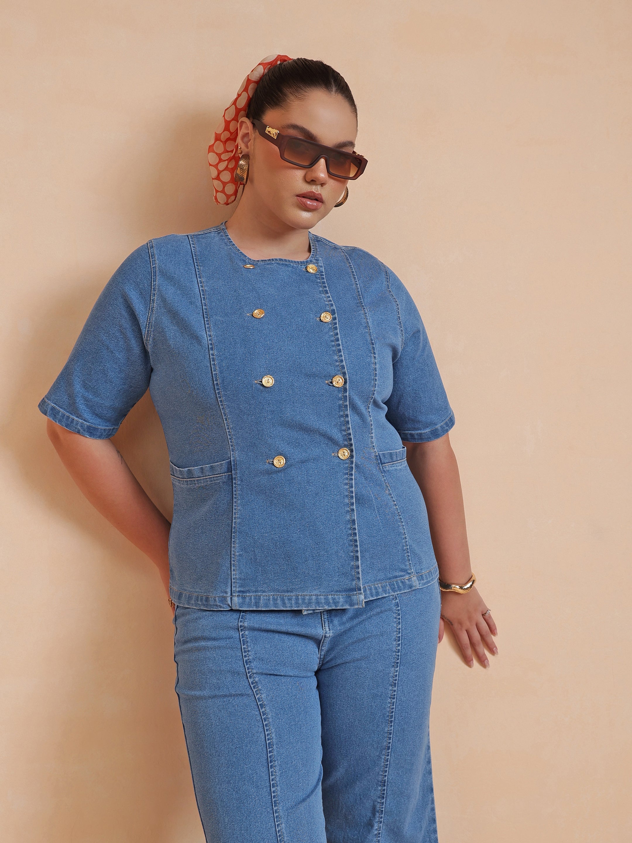 DesiQlo Blue Front Button Top With Bell Bottom Jeans - Blue