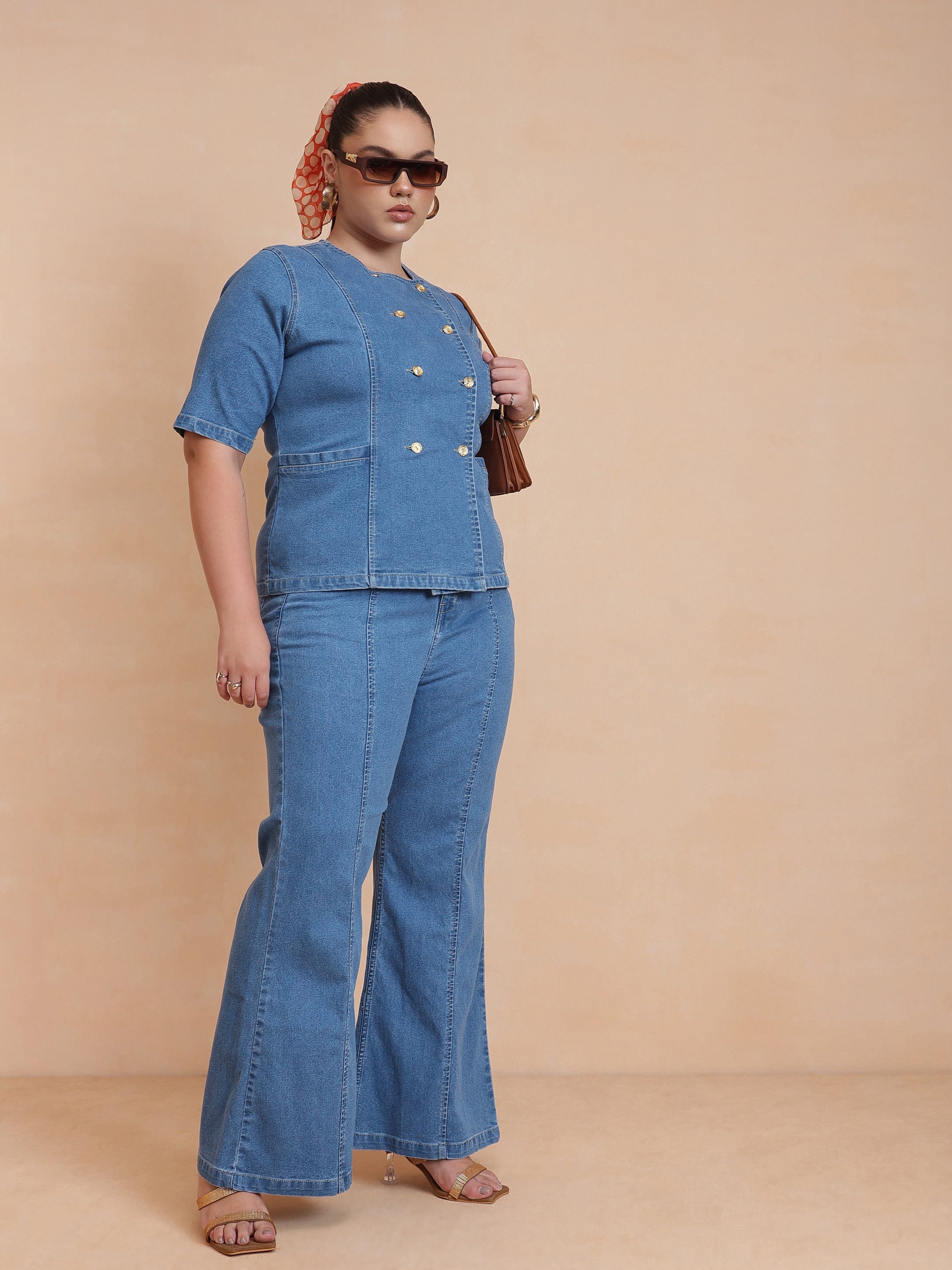 DesiQlo Blue Front Button Top With Bell Bottom Jeans - Blue