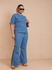 Women Blue Front Button Top With Bell Bottom Jeans