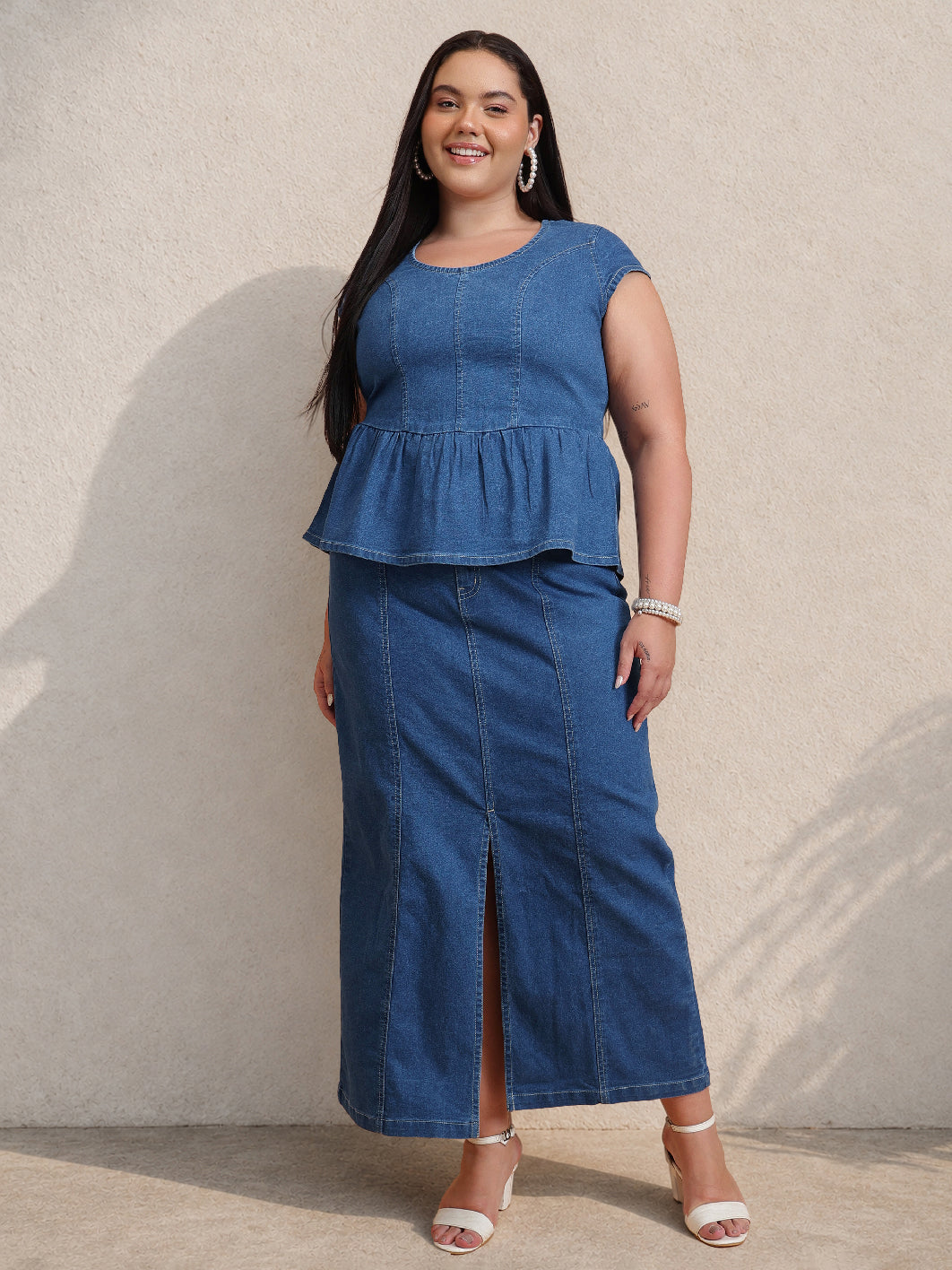 DesiQlo Blue Peplum Top With Denim Midi Skirt - Blue