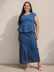 Women Blue Peplum Top With Denim Midi Skirt