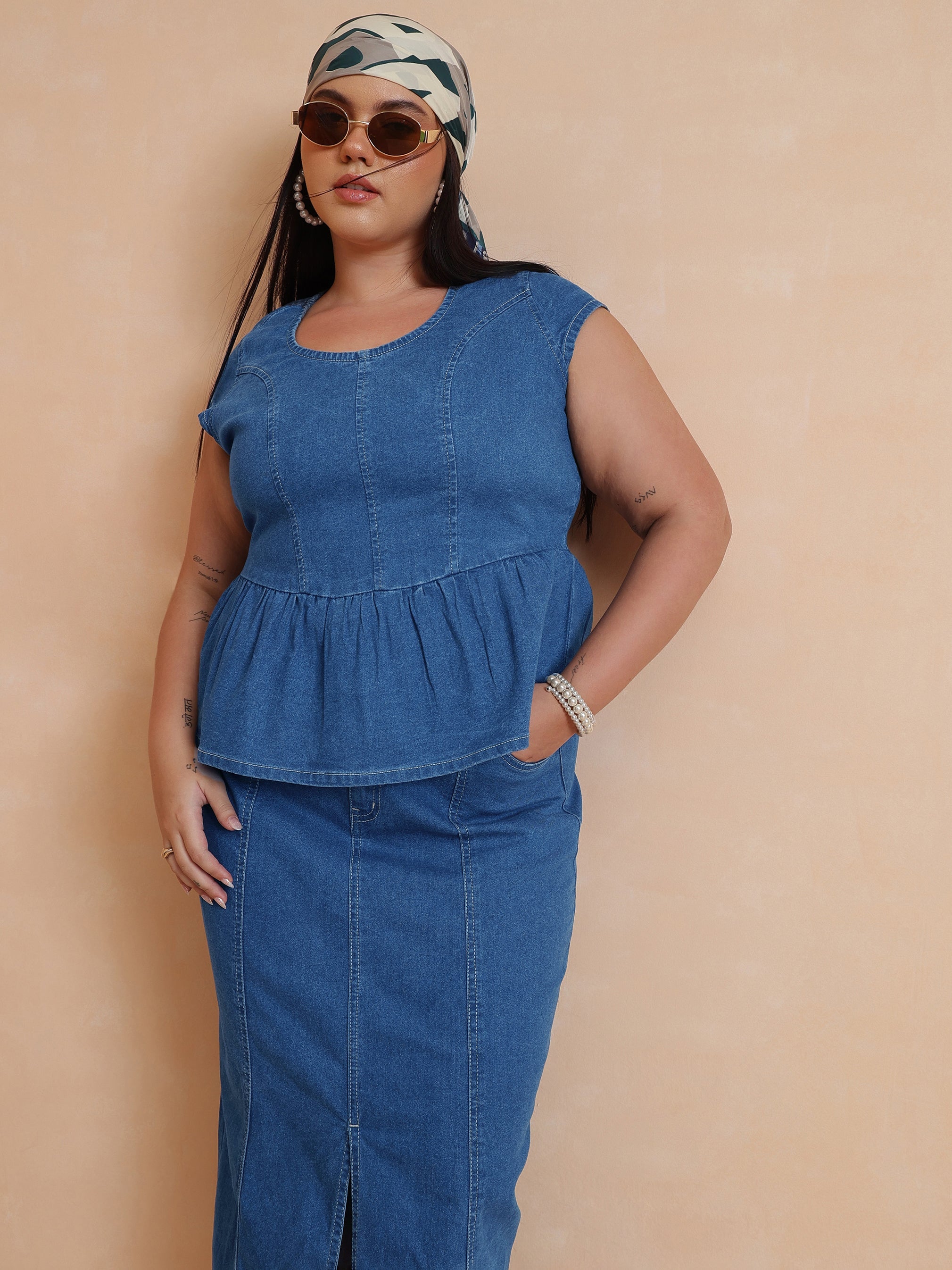 DesiQlo Blue Peplum Top With Denim Midi Skirt - Blue
