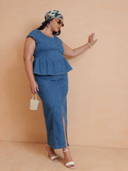 Women Blue Peplum Top With Denim Midi Skirt